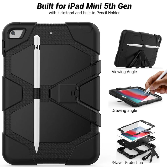 For iPad mini 4 / mini (2019) 7.9 inch Kickstand Case Tablet Case with PET Screen Protector - Black - 2