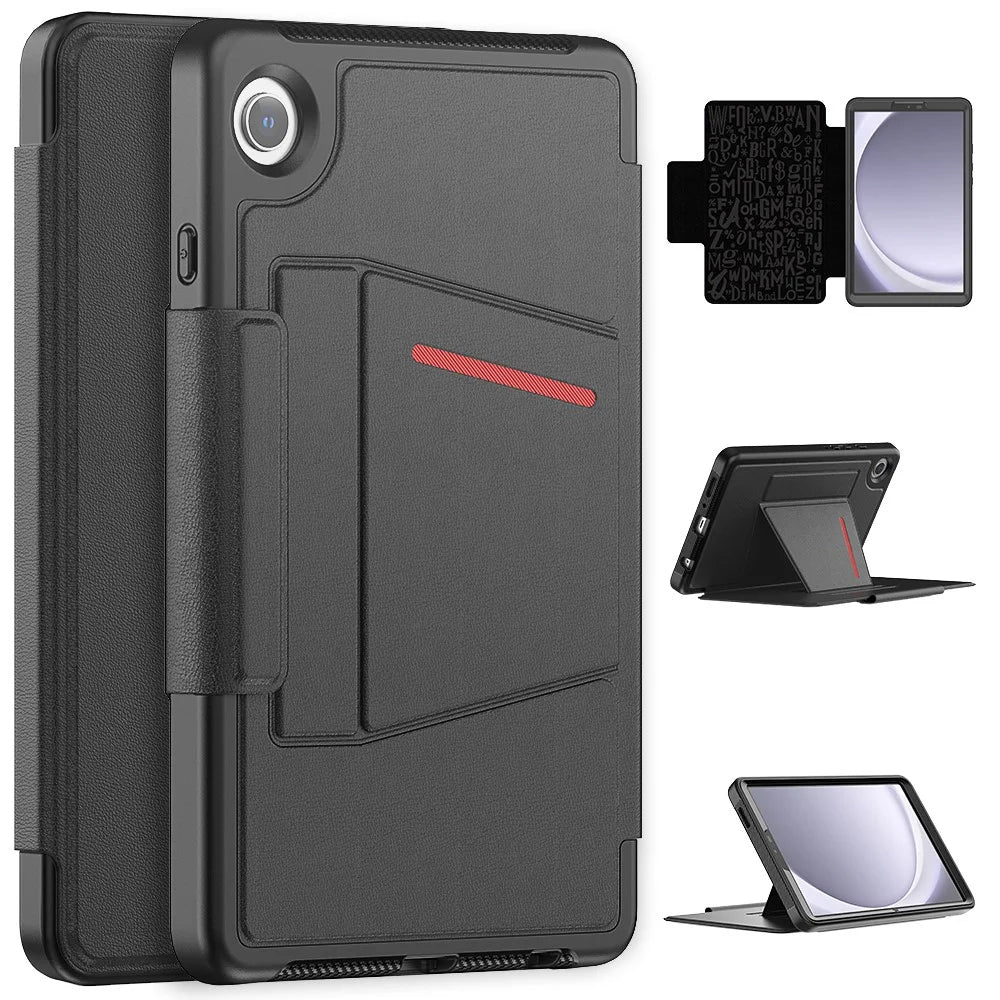For Samsung Galaxy Tab A9 SM-X110 X115 Case Kickstand Card Holder Leather Tablet Cover - Black - 1