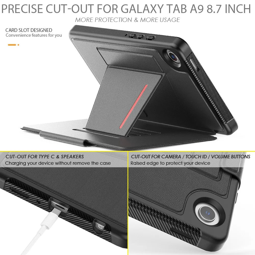 For Samsung Galaxy Tab A9 SM-X110 X115 Case Kickstand Card Holder Leather Tablet Cover - Black - 6