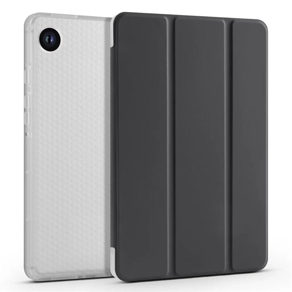 For Samsung Galaxy Tab A11+ / A9+ Tablet Case Clear Back Tri-fold Leather Cover with Pen Slot - Black - 1