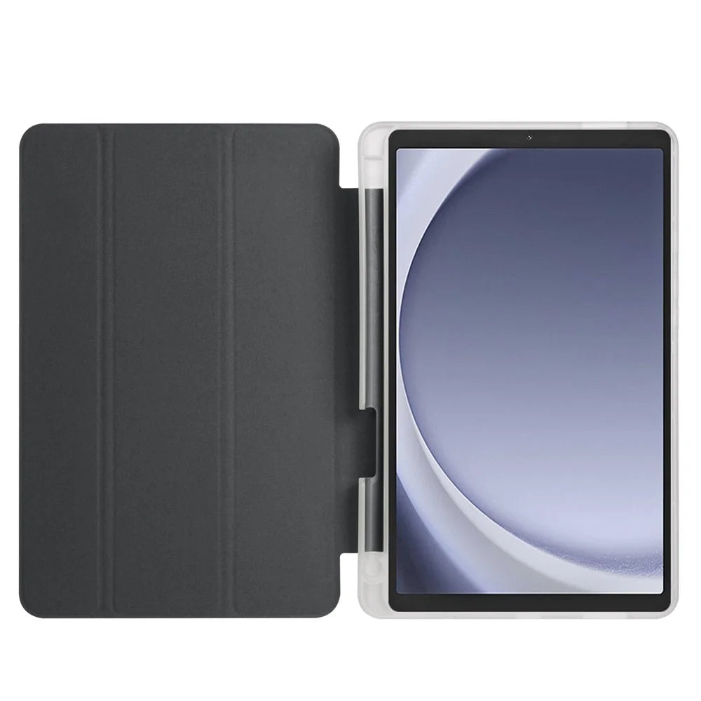 For Samsung Galaxy Tab A11+ / A9+ Tablet Case Clear Back Tri-fold Leather Cover with Pen Slot - Black - 2