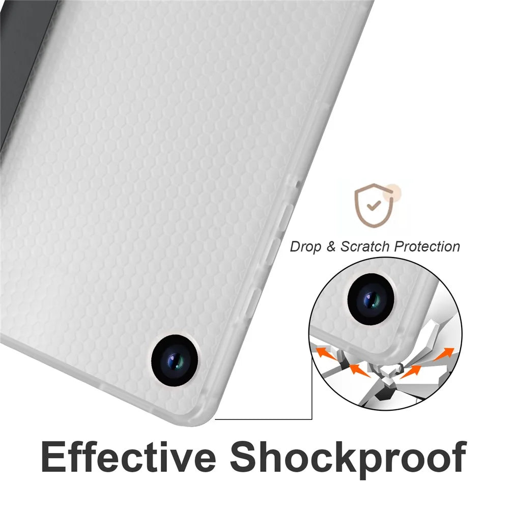 For Samsung Galaxy Tab A11+ / A9+ Tablet Case Clear Back Tri-fold Leather Cover with Pen Slot - Black - 5