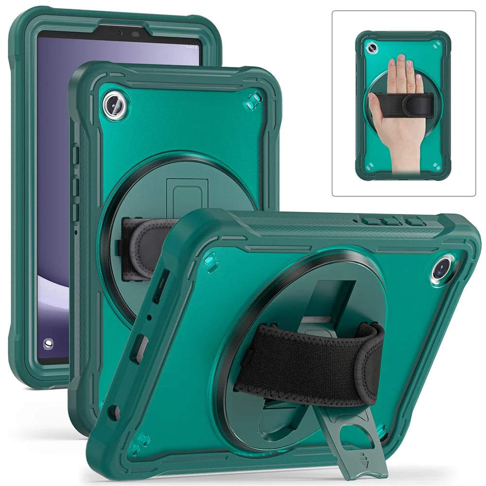 For Samsung Galaxy Tab A9 Tablet Case 360 Degree Rotary Kickstand Hand Strap Cover - Midnight Green - 1