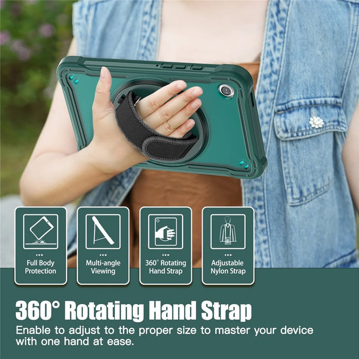 For Samsung Galaxy Tab A9 Tablet Case 360 Degree Rotary Kickstand Hand Strap Cover - Midnight Green - 5