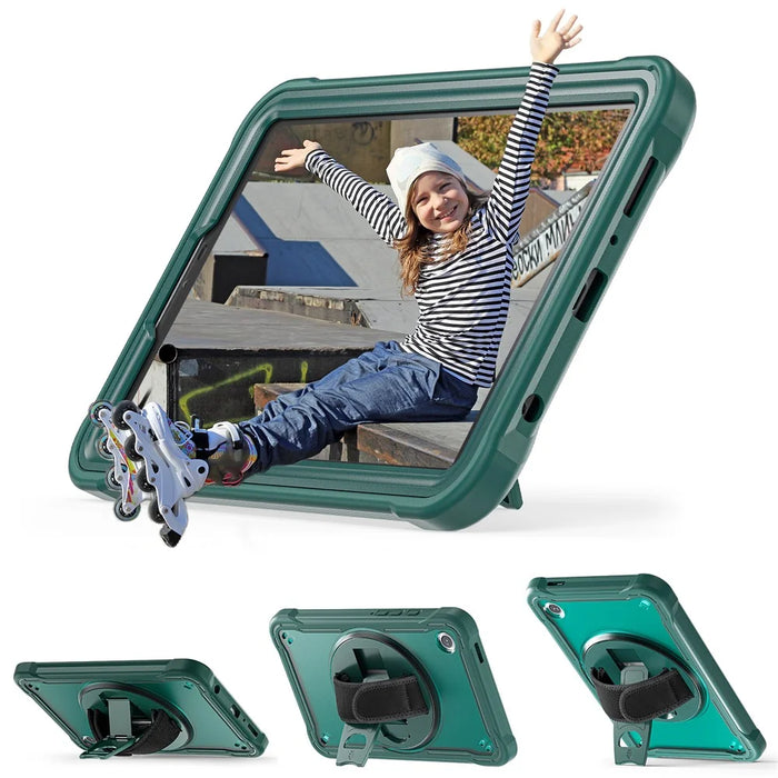 For Samsung Galaxy Tab A9 Tablet Case 360 Degree Rotary Kickstand Hand Strap Cover - Midnight Green - 7