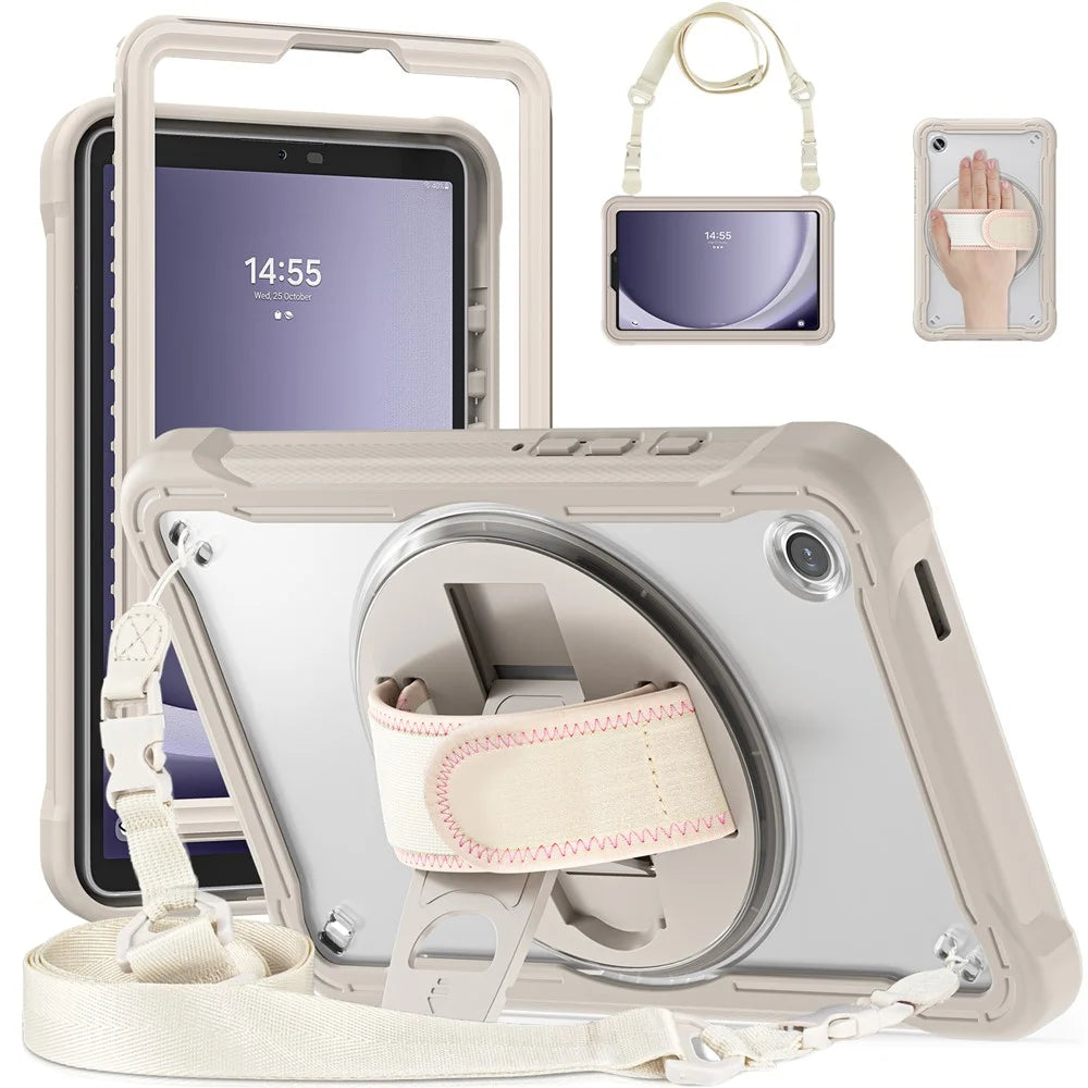 For Samsung Galaxy Tab A9 Kickstand Case Hand Strap Tablet Cover Shoulder Strap - Khaki - 1