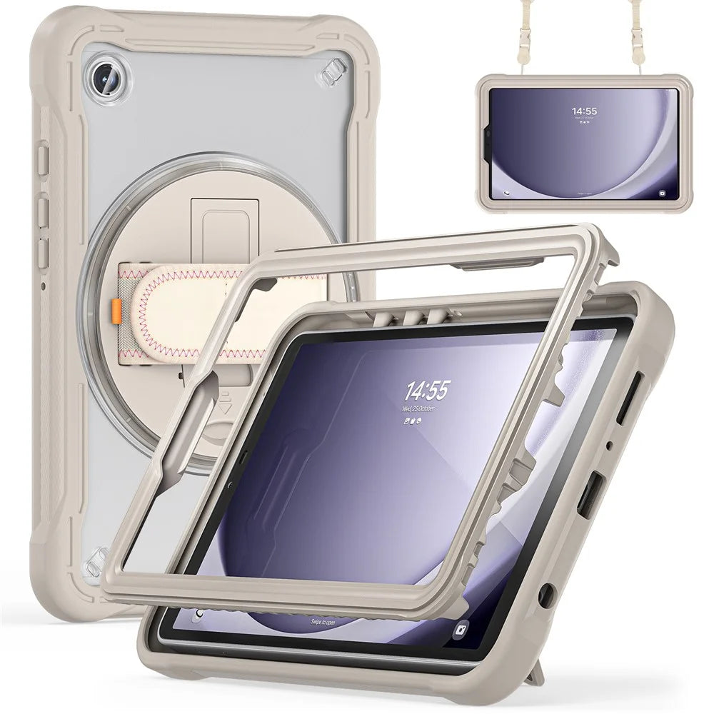 For Samsung Galaxy Tab A9 Kickstand Case Hand Strap Tablet Cover Shoulder Strap - Khaki - 3