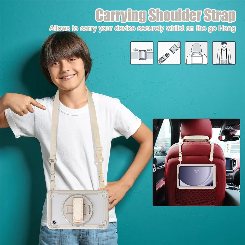 For Samsung Galaxy Tab A9 Kickstand Case Hand Strap Tablet Cover Shoulder Strap - Khaki - 6