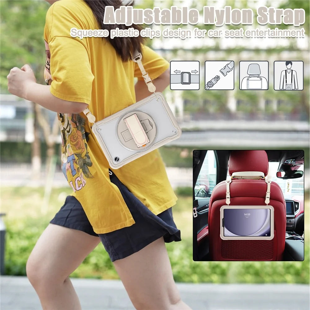 For Samsung Galaxy Tab A9 Kickstand Case Hand Strap Tablet Cover Shoulder Strap - Khaki - 7