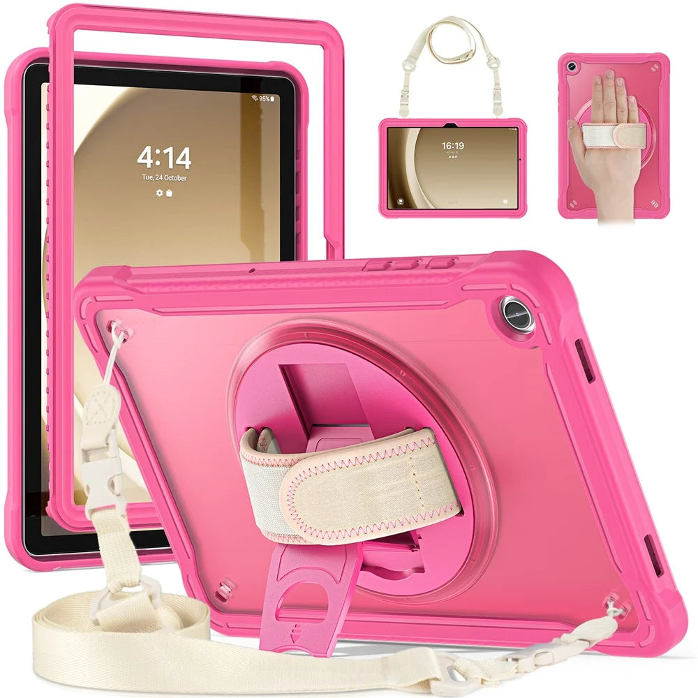 For Samsung Galaxy Tab A9+ Kickstand Tablet Case with Shoulder Strap Hand Strap - Rose - 1