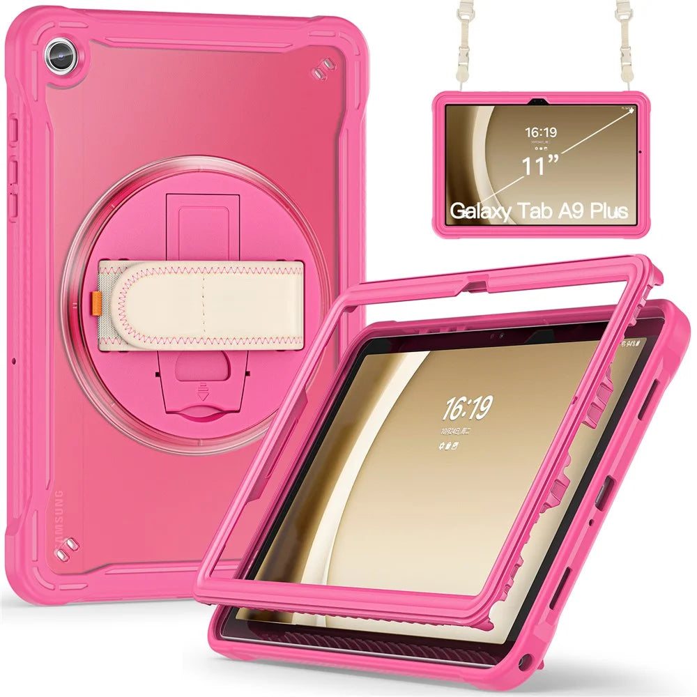 For Samsung Galaxy Tab A9+ Kickstand Tablet Case with Shoulder Strap Hand Strap - Rose - 2