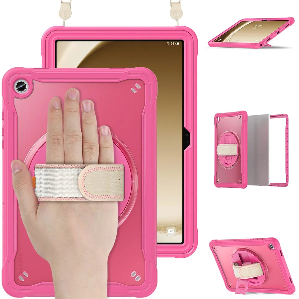 For Samsung Galaxy Tab A9+ Kickstand Tablet Case with Shoulder Strap Hand Strap - Rose - 3