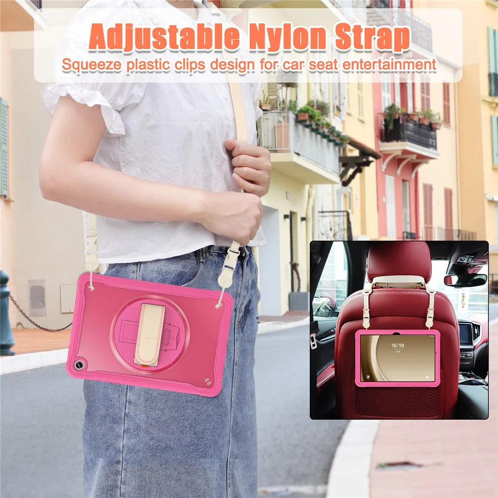 For Samsung Galaxy Tab A9+ Kickstand Tablet Case with Shoulder Strap Hand Strap - Rose - 4