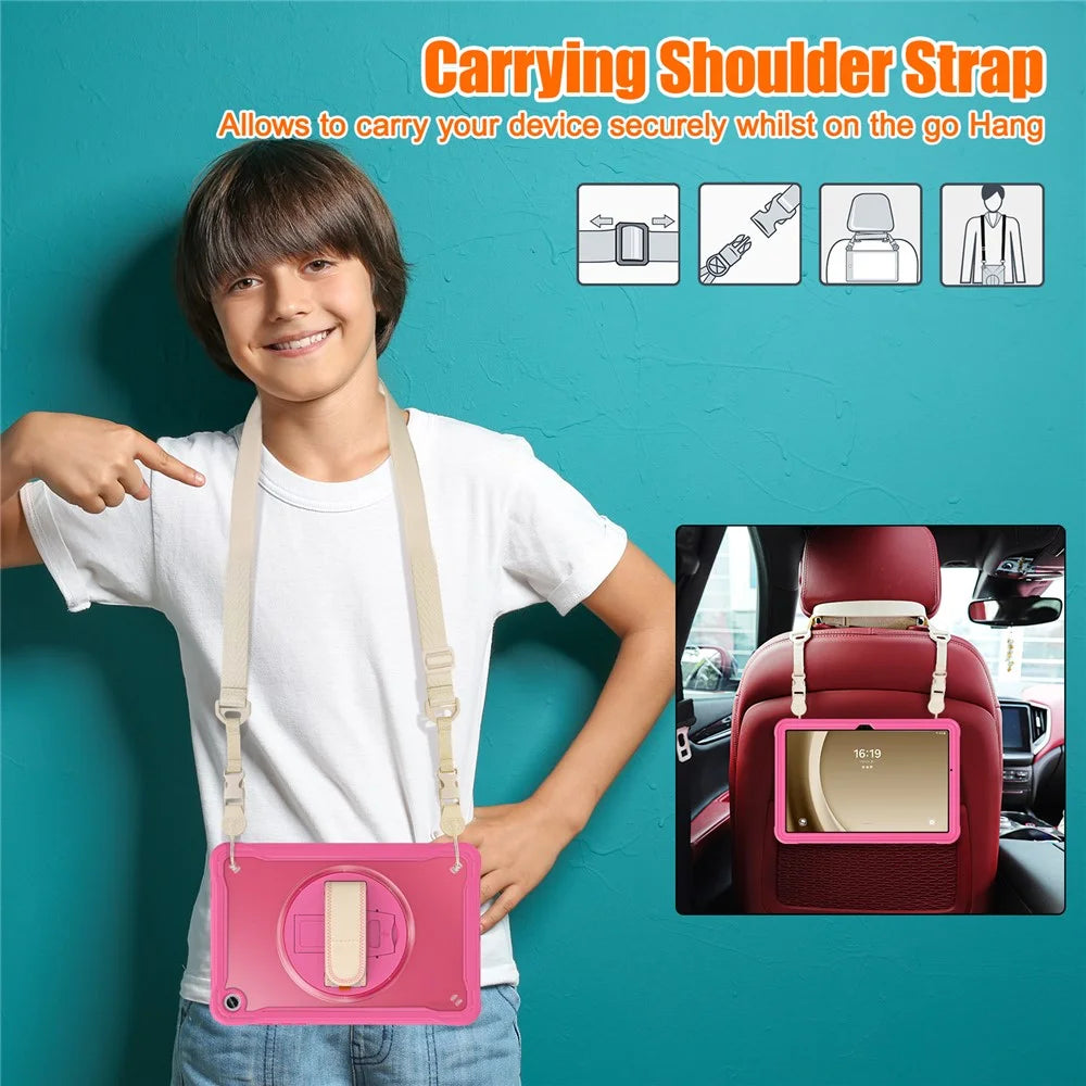 For Samsung Galaxy Tab A9+ Kickstand Tablet Case with Shoulder Strap Hand Strap - Rose - 5
