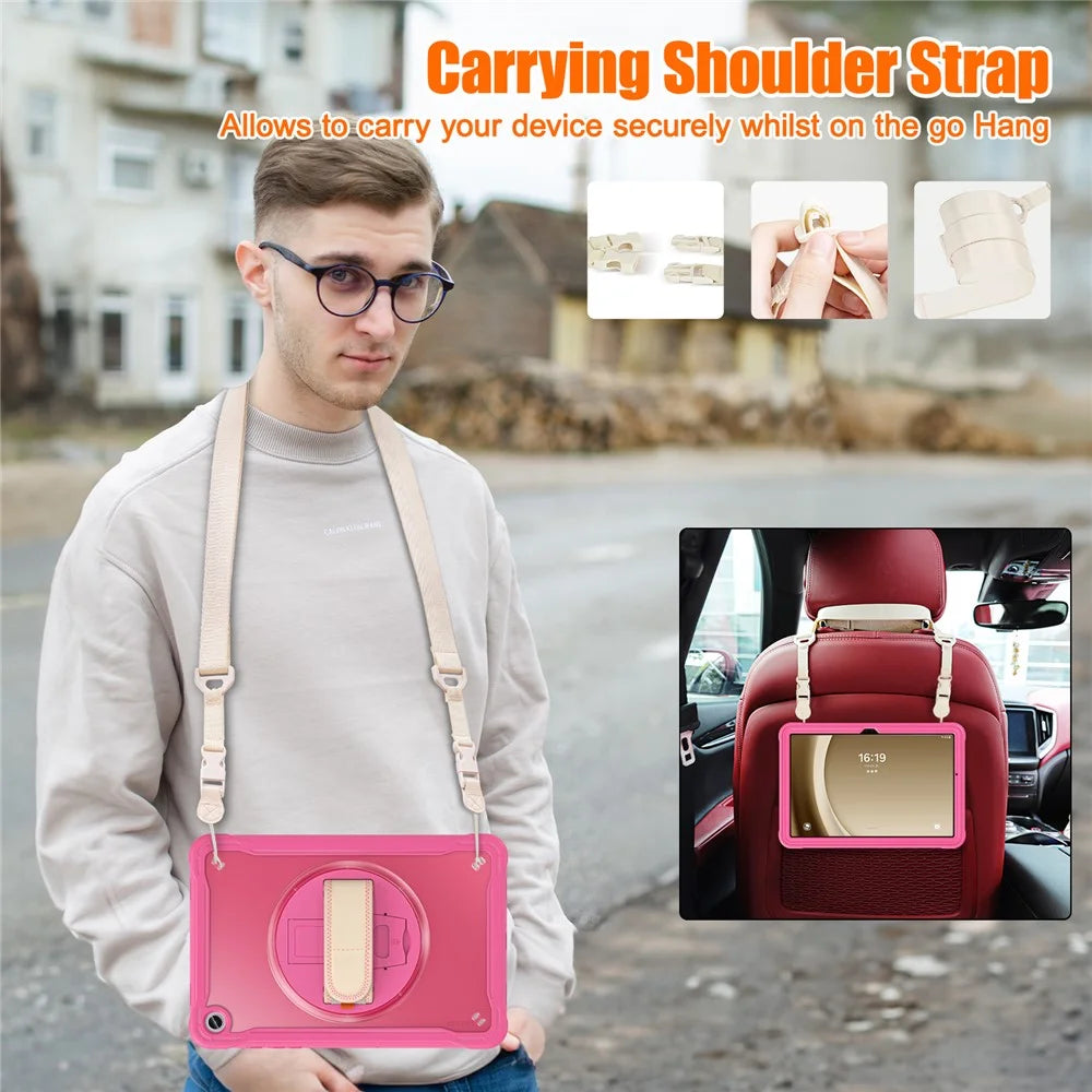 For Samsung Galaxy Tab A9+ Kickstand Tablet Case with Shoulder Strap Hand Strap - Rose - 6