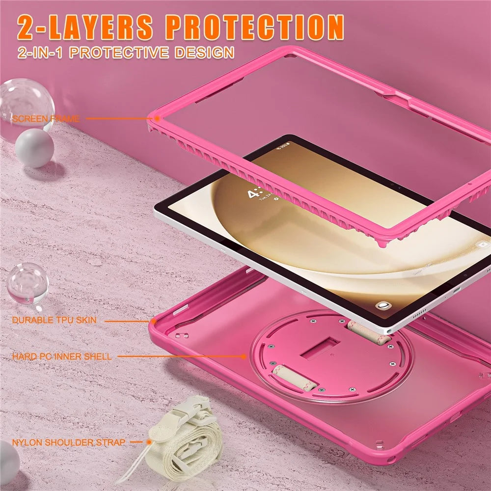 For Samsung Galaxy Tab A9+ Kickstand Tablet Case with Shoulder Strap Hand Strap - Rose - 7