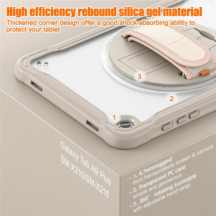 For Samsung Galaxy Tab A9+ Tablet Case PC+TPU Cover Rotary Kickstand Hand Strap - Khaki - 3