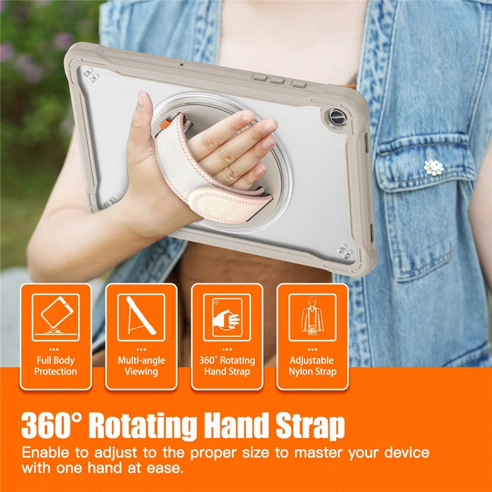 For Samsung Galaxy Tab A9+ Tablet Case PC+TPU Cover Rotary Kickstand Hand Strap - Khaki - 6