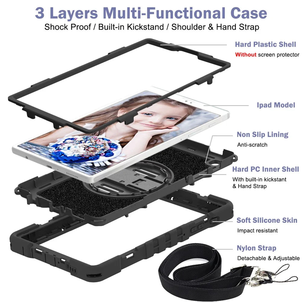 For Samsung Galaxy Tab A7 Lite 8.7-inch Tablet Case Kickstand Anti-Shock Cover with Shoulder Strap - All Black - 7