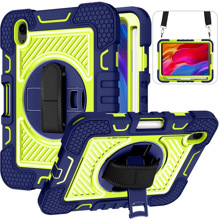 Hand Strap Kickstand for iPad mini (2024) / mini (2021) Tablet Case with Shoulder Strap - Navy Blue+Yellow Green - 1