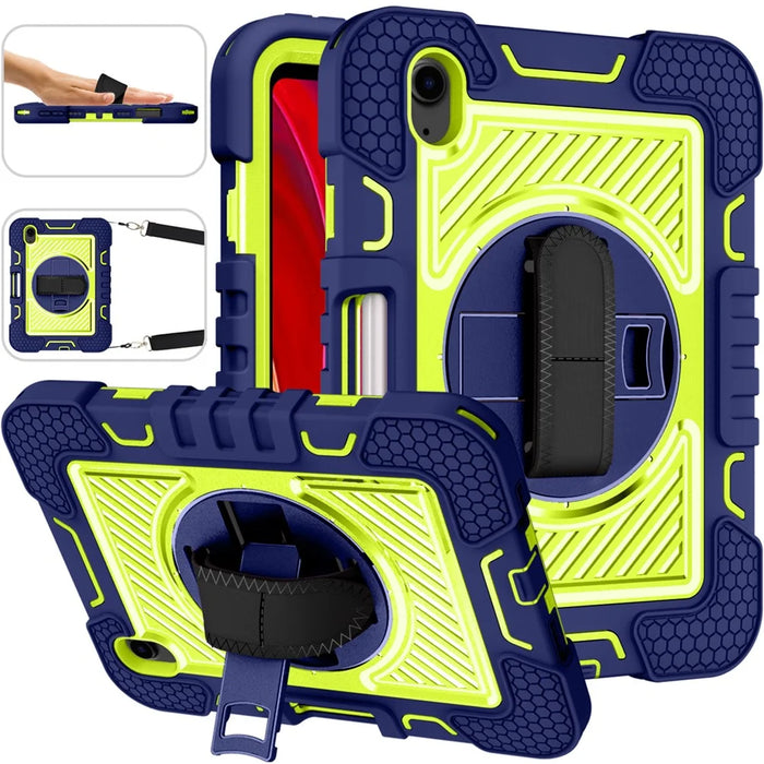 Hand Strap Kickstand for iPad mini (2024) / mini (2021) Tablet Case with Shoulder Strap - Navy Blue+Yellow Green - 2