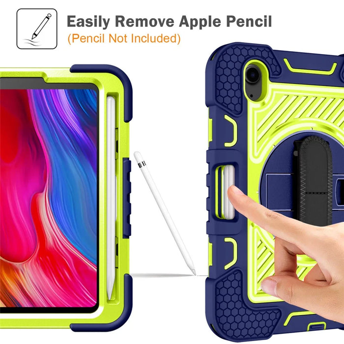 Hand Strap Kickstand for iPad mini (2024) / mini (2021) Tablet Case with Shoulder Strap - Navy Blue+Yellow Green - 3
