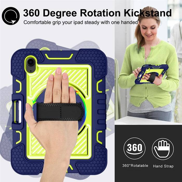 Hand Strap Kickstand for iPad mini (2024) / mini (2021) Tablet Case with Shoulder Strap - Navy Blue+Yellow Green - 4