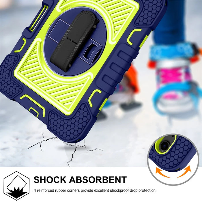 Hand Strap Kickstand for iPad mini (2024) / mini (2021) Tablet Case with Shoulder Strap - Navy Blue+Yellow Green - 5