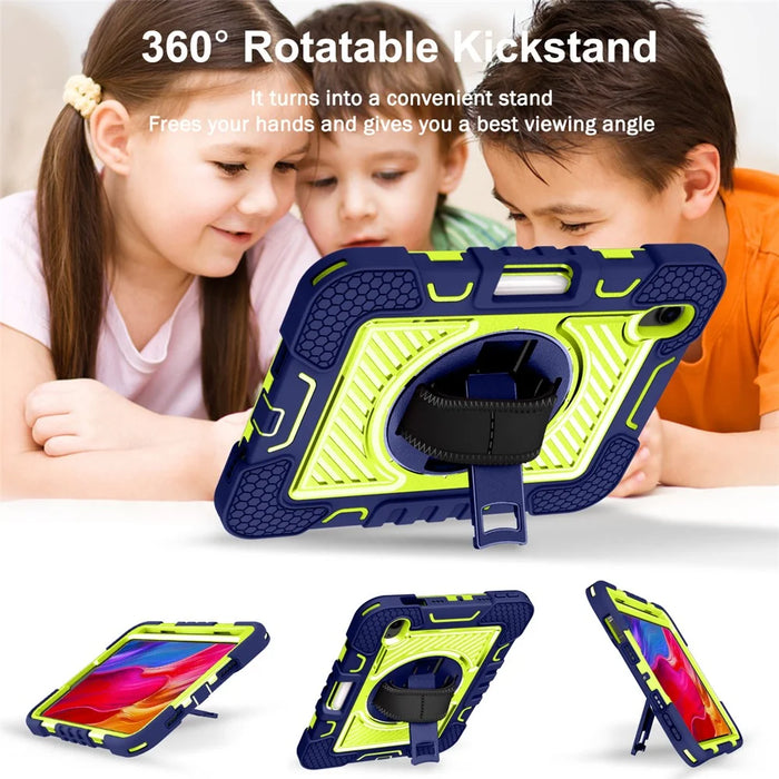Hand Strap Kickstand for iPad mini (2024) / mini (2021) Tablet Case with Shoulder Strap - Navy Blue+Yellow Green - 6