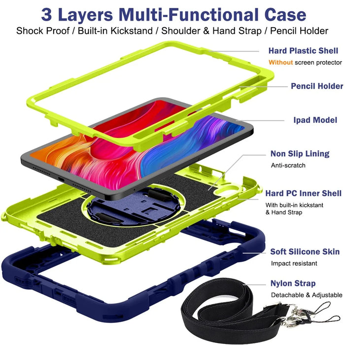Hand Strap Kickstand for iPad mini (2024) / mini (2021) Tablet Case with Shoulder Strap - Navy Blue+Yellow Green - 7
