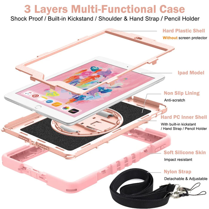 For iPad 9.7-inch (2017) / (2018) Tablet Case Anti-drop Kickstand Cover with Shoulder Strap - Rose Gold - 6