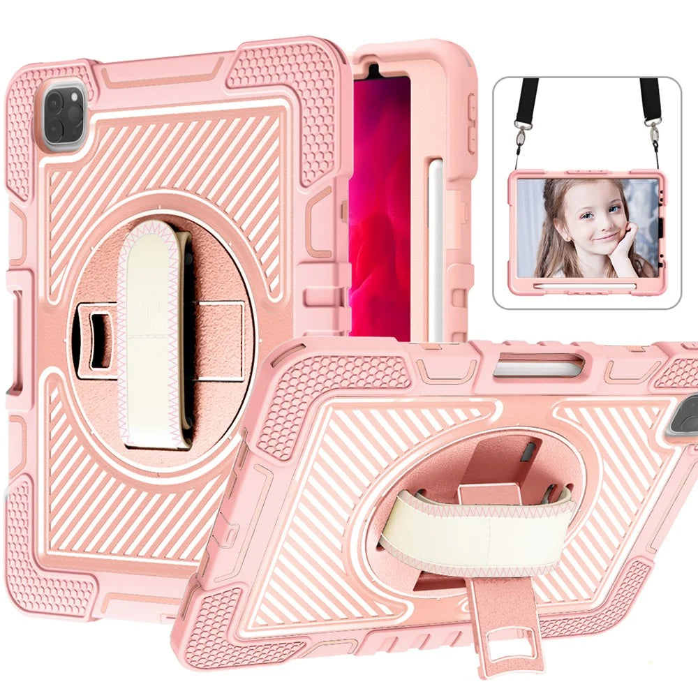 For iPad Air (2020) / (2022) / iPad Pro 11 (2018) / (2020) / (2021) / (2022) Tablet Kickstand Case with Shoulder Strap - Rose Gold - 1