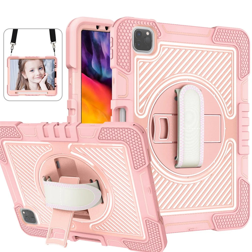 For iPad Air (2020) / (2022) / iPad Pro 11 (2018) / (2020) / (2021) / (2022) Tablet Kickstand Case with Shoulder Strap - Rose Gold - 2