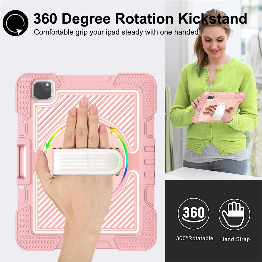 For iPad Air (2020) / (2022) / iPad Pro 11 (2018) / (2020) / (2021) / (2022) Tablet Kickstand Case with Shoulder Strap - Rose Gold - 3