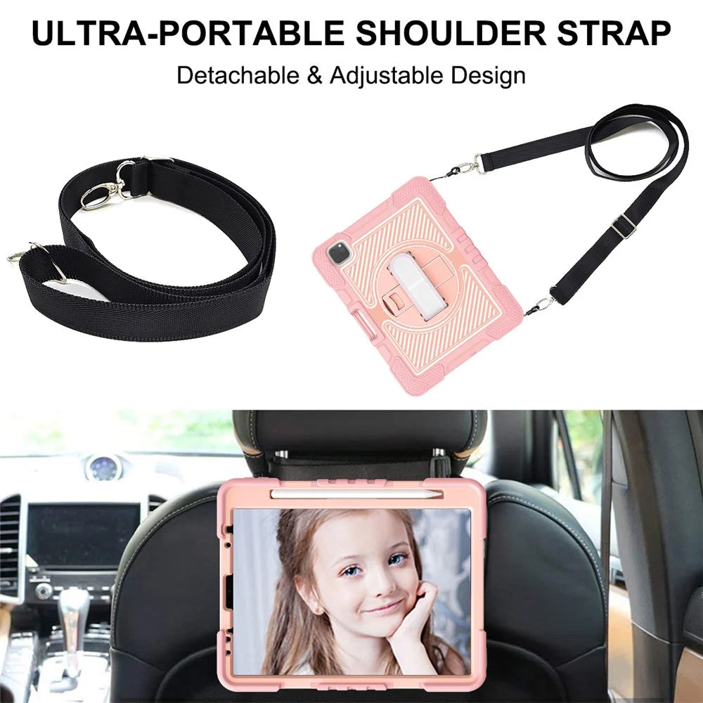 For iPad Air (2020) / (2022) / iPad Pro 11 (2018) / (2020) / (2021) / (2022) Tablet Kickstand Case with Shoulder Strap - Rose Gold - 6