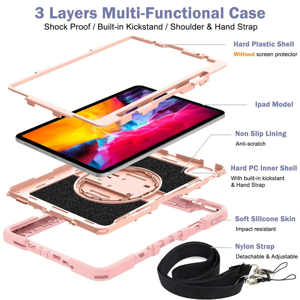 For iPad Air (2020) / (2022) / iPad Pro 11 (2018) / (2020) / (2021) / (2022) Tablet Kickstand Case with Shoulder Strap - Rose Gold - 7