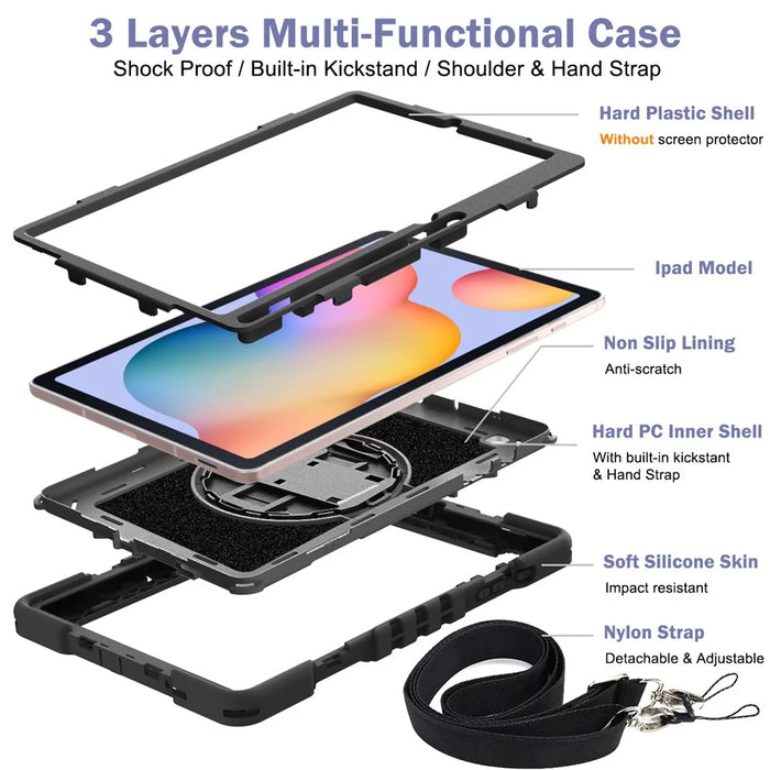 For Samsung Galaxy Tab S6 Lite (2024) / S6 Lite (2022) / S6 Lite (2020) Kickstand Tablet Case with Shoulder Strap - All Black - 7