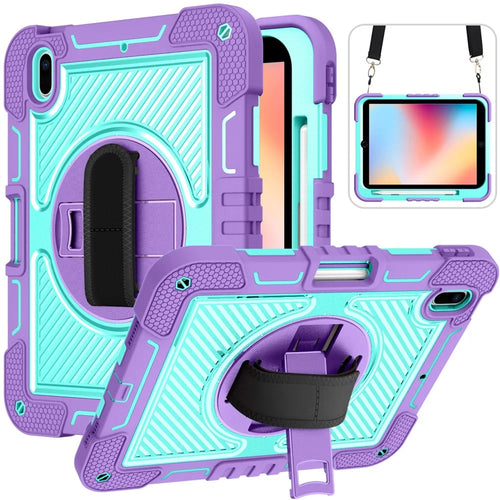 For iPad 10.2 (2021) / (2020) / (2019) Kickstand Case Tablet Cover with Shoulder Strap - Purple+Mint Green - 1