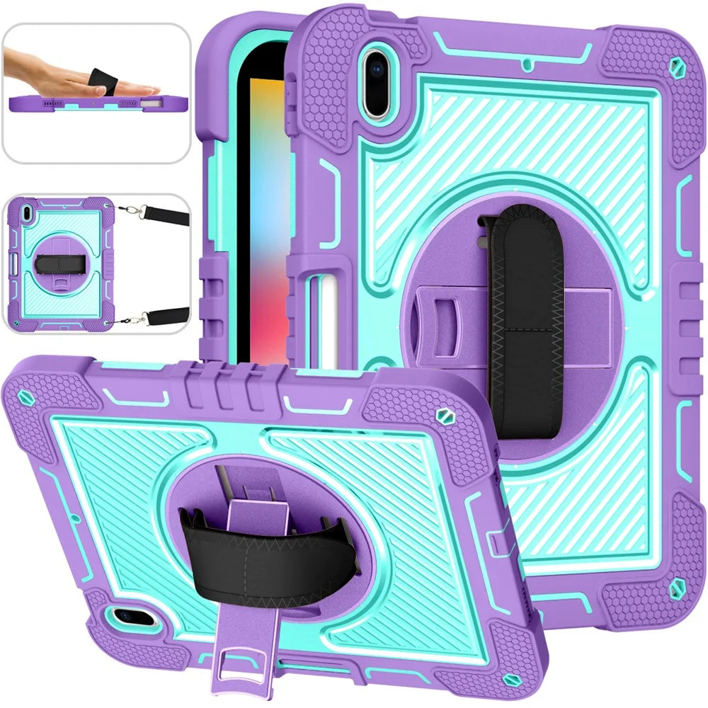 For iPad 10.2 (2021) / (2020) / (2019) Kickstand Case Tablet Cover with Shoulder Strap - Purple+Mint Green - 2