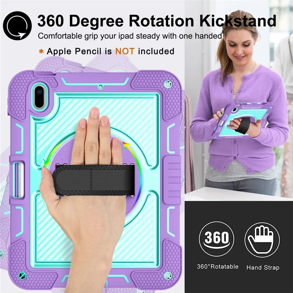 For iPad 10.2 (2021) / (2020) / (2019) Kickstand Case Tablet Cover with Shoulder Strap - Purple+Mint Green - 3