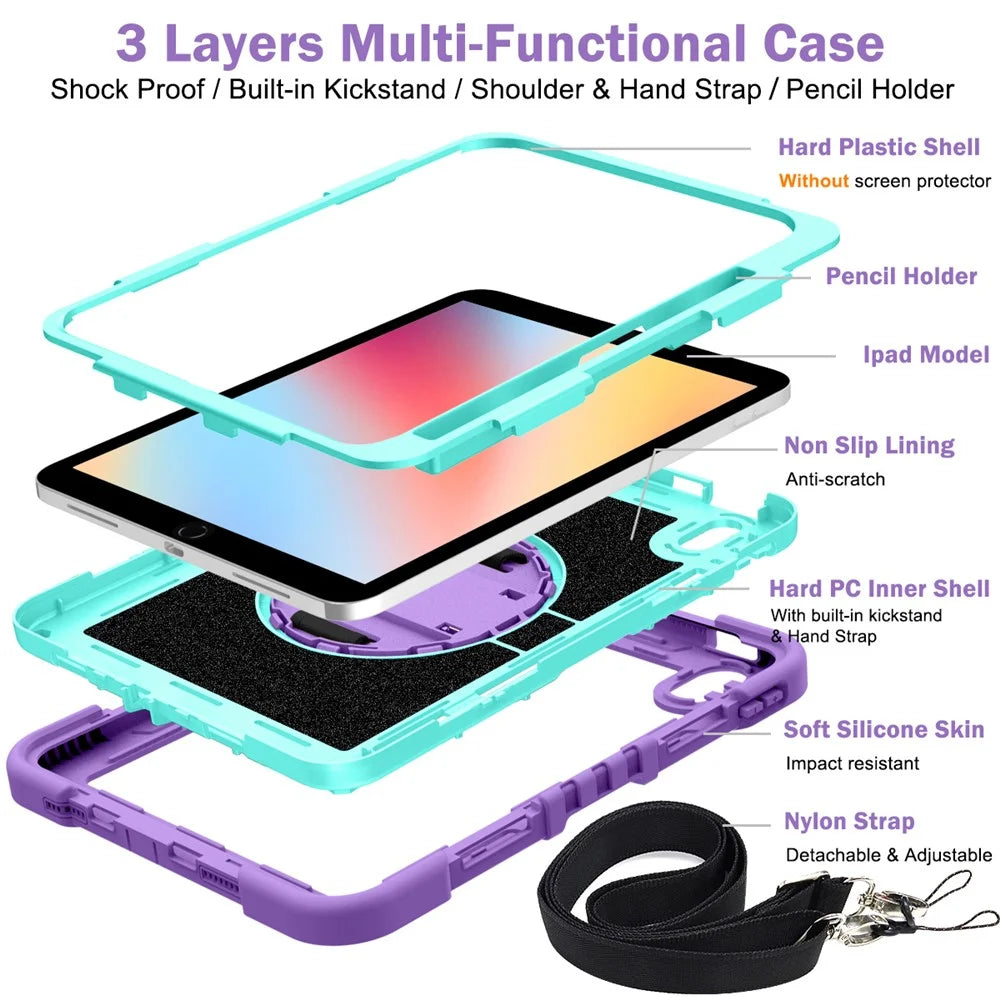 For iPad 10.2 (2021) / (2020) / (2019) Kickstand Case Tablet Cover with Shoulder Strap - Purple+Mint Green - 6