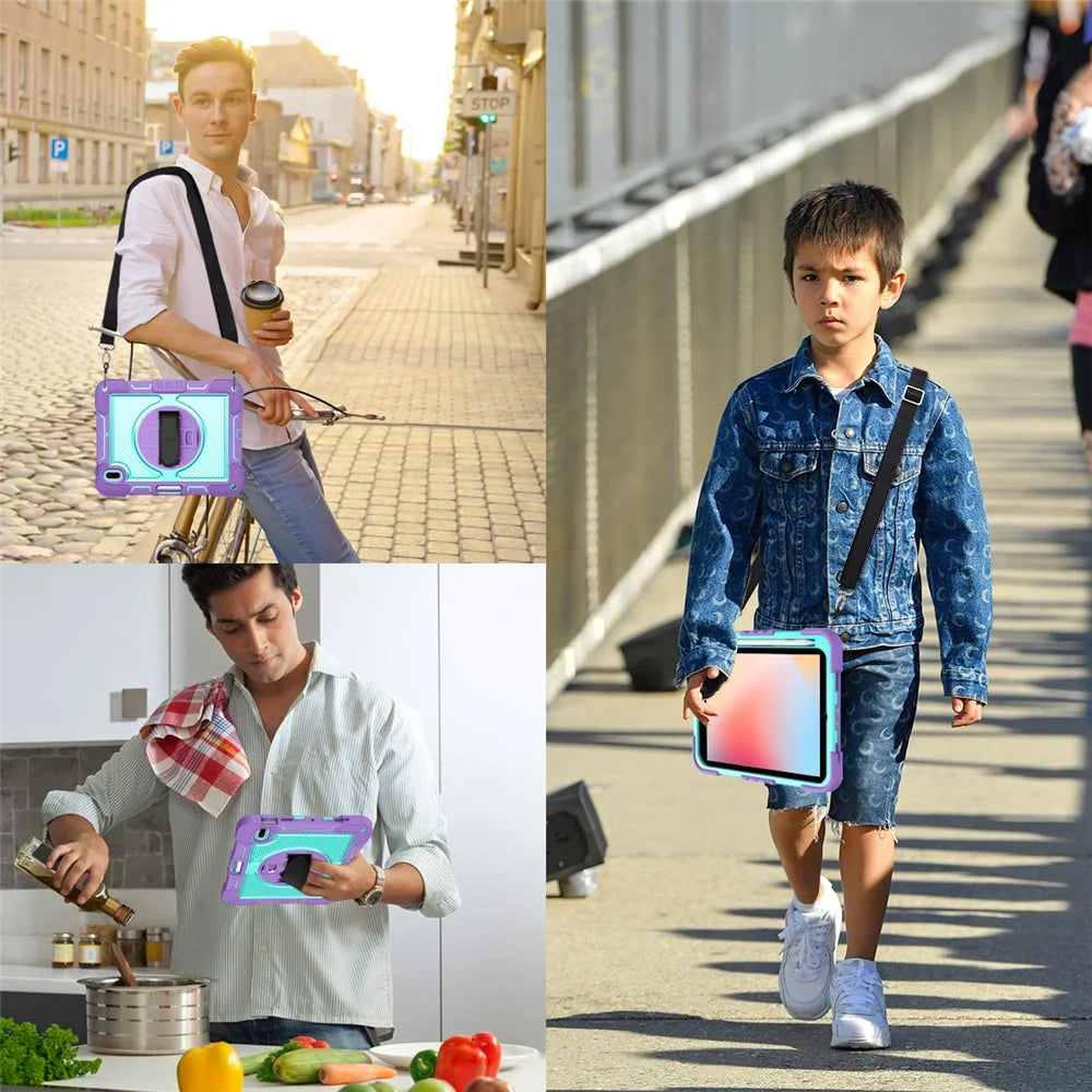For iPad 10.2 (2021) / (2020) / (2019) Kickstand Case Tablet Cover with Shoulder Strap - Purple+Mint Green - 7