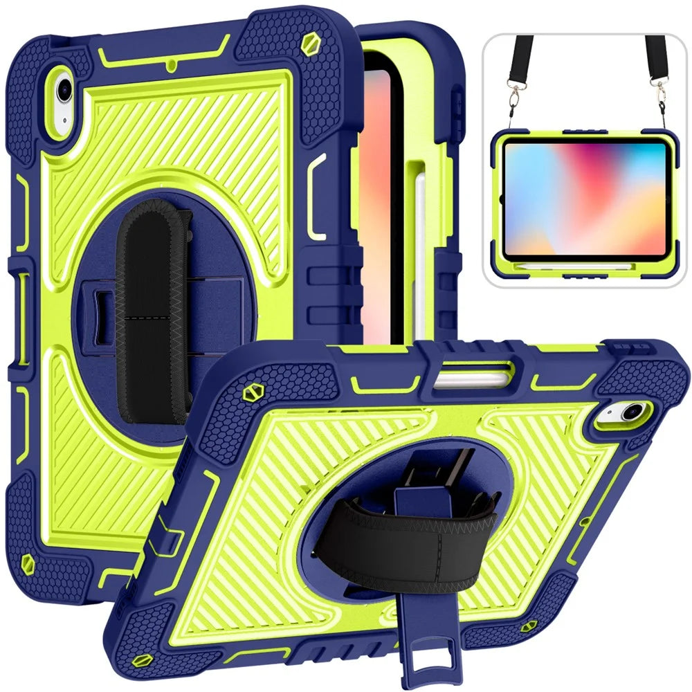 For iPad (2025) / 10.9 (2022) Case Kickstand Anti-Drop Tablet Cover with Shoulder Strap - Navy Blue+Yellow Green - 1