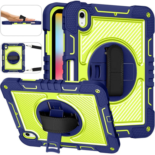 For iPad (2025) / 10.9 (2022) Case Kickstand Anti-Drop Tablet Cover with Shoulder Strap - Navy Blue+Yellow Green - 2