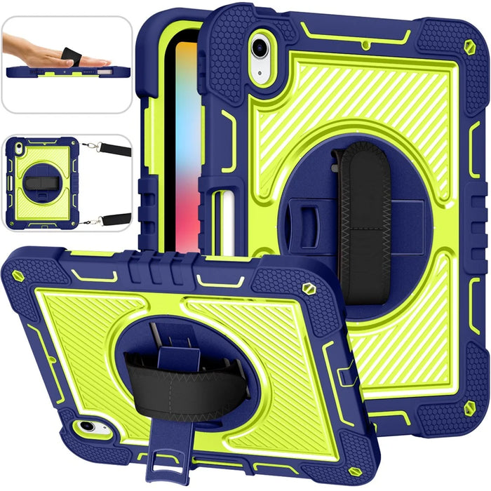 For iPad (2025) / 10.9 (2022) Case Kickstand Anti-Drop Tablet Cover with Shoulder Strap - Navy Blue+Yellow Green - 2