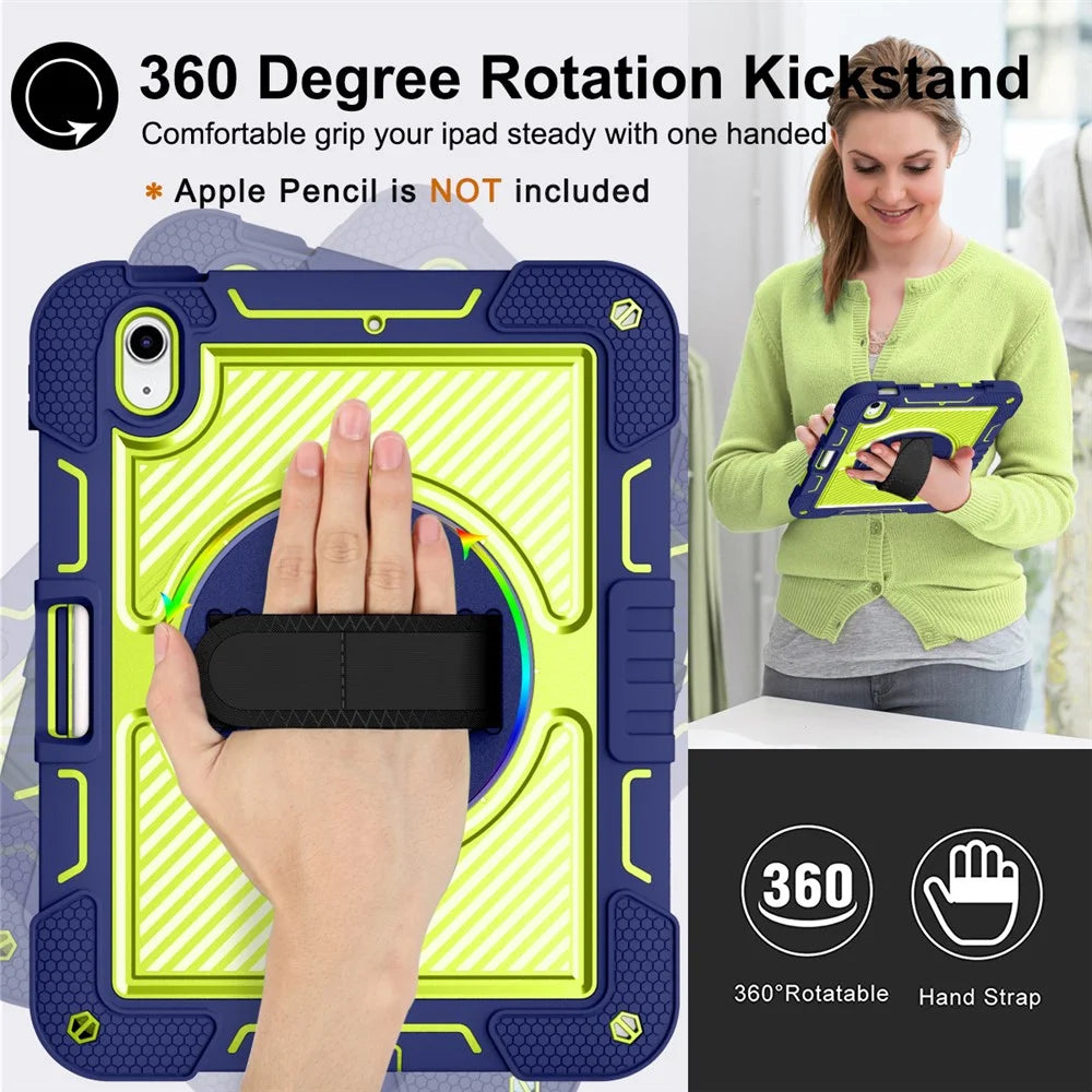 For iPad (2025) / 10.9 (2022) Case Kickstand Anti-Drop Tablet Cover with Shoulder Strap - Navy Blue+Yellow Green - 3