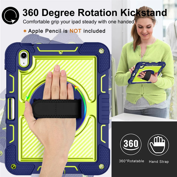 For iPad (2025) / 10.9 (2022) Case Kickstand Anti-Drop Tablet Cover with Shoulder Strap - Navy Blue+Yellow Green - 3