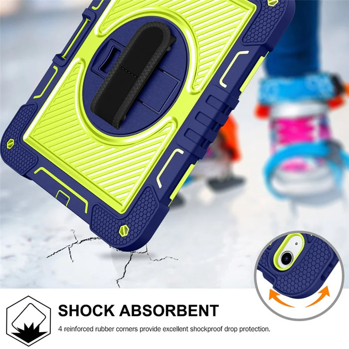 For iPad (2025) / 10.9 (2022) Case Kickstand Anti-Drop Tablet Cover with Shoulder Strap - Navy Blue+Yellow Green - 4