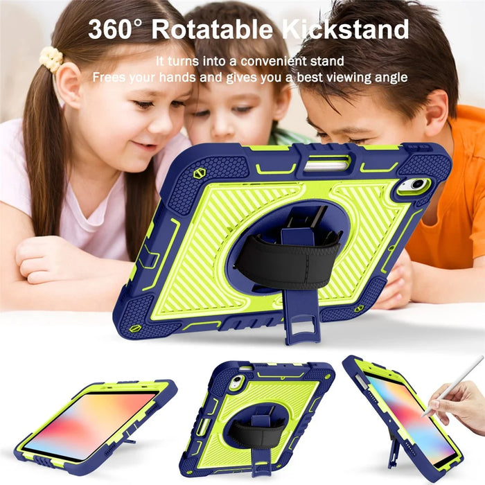 For iPad (2025) / 10.9 (2022) Case Kickstand Anti-Drop Tablet Cover with Shoulder Strap - Navy Blue+Yellow Green - 5