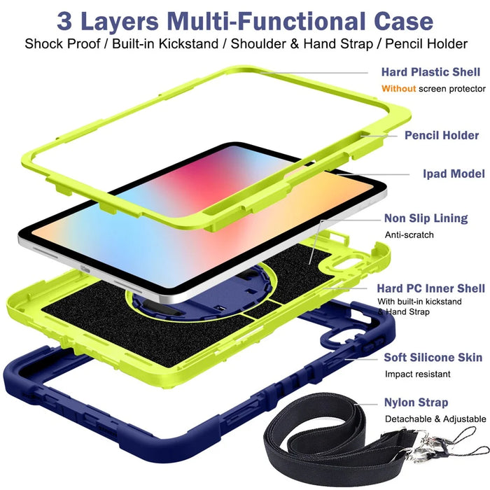 For iPad (2025) / 10.9 (2022) Case Kickstand Anti-Drop Tablet Cover with Shoulder Strap - Navy Blue+Yellow Green - 6